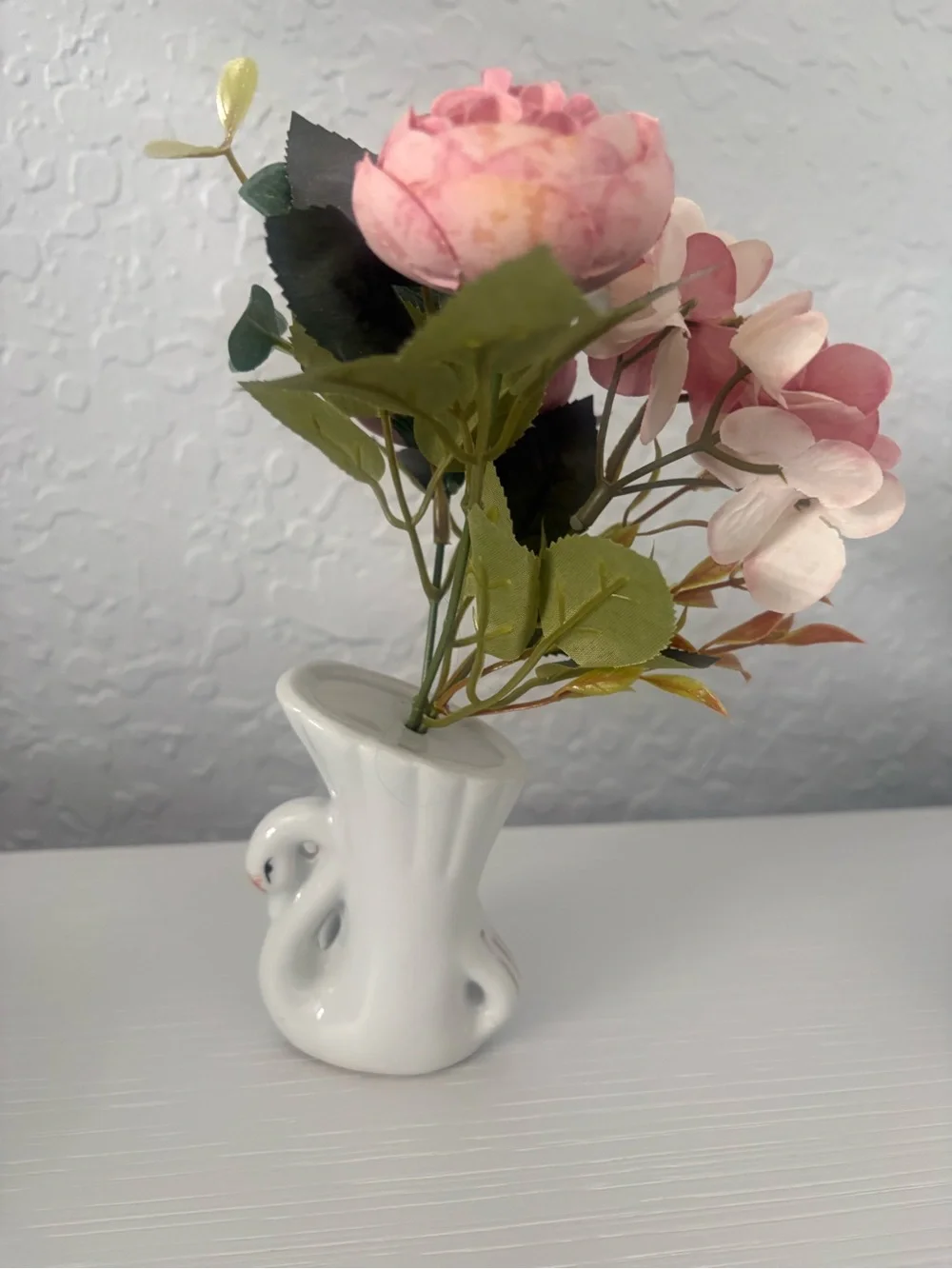 Set of 2 White Porcelain Swan Vase with Pink Floral Accent and 2 Doves in a hear